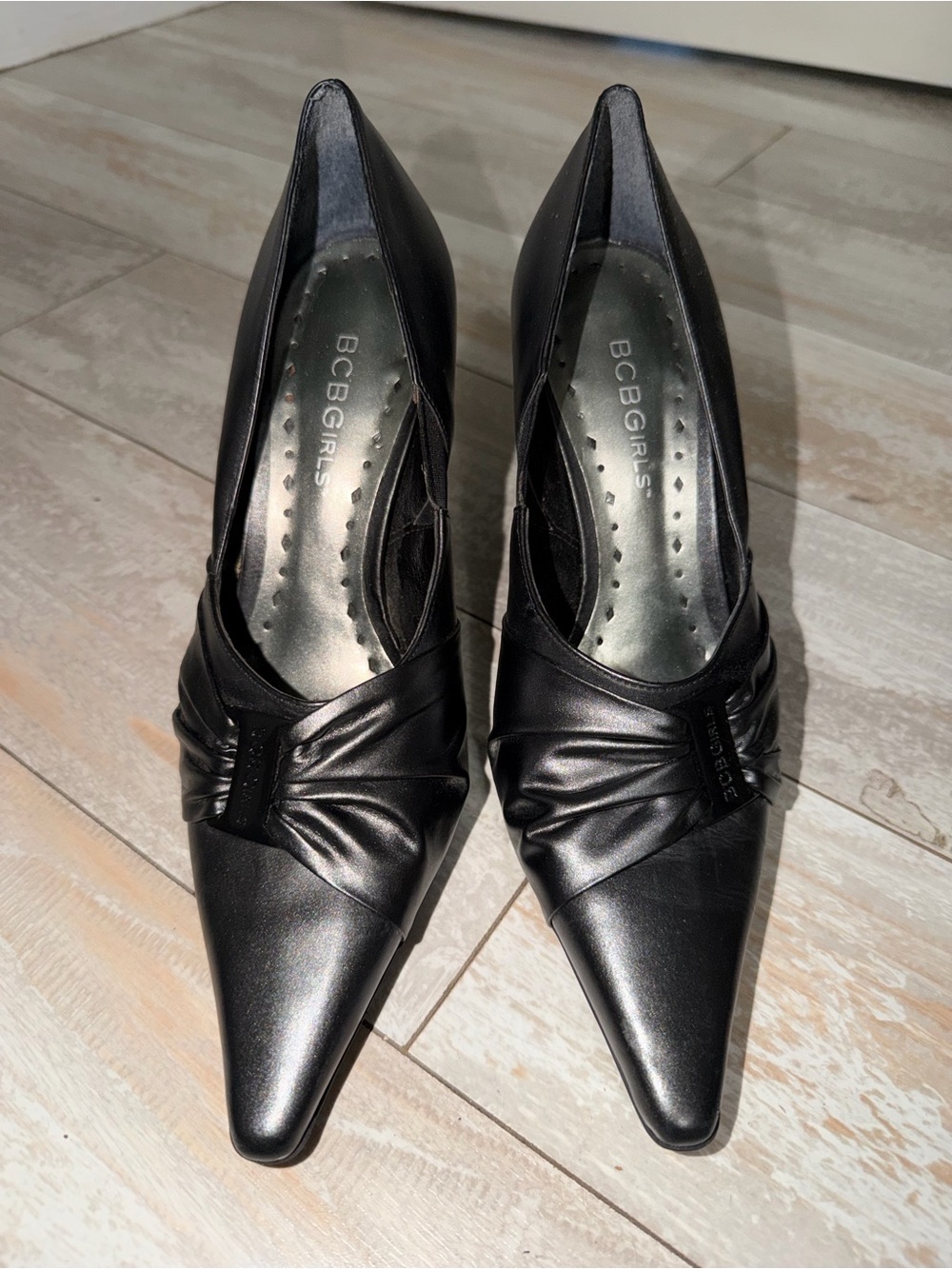 BCBGirls Black Pointed-Toe Ruched Pumps